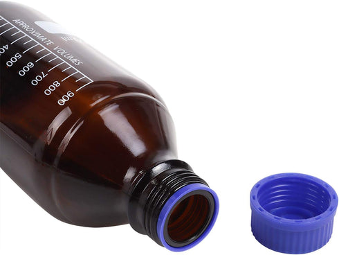 4 Pieces Amber Glass 1000 mL Graduated Round Lab Reagent Media/Storage Bottles with GL45 Blue Screw Cap