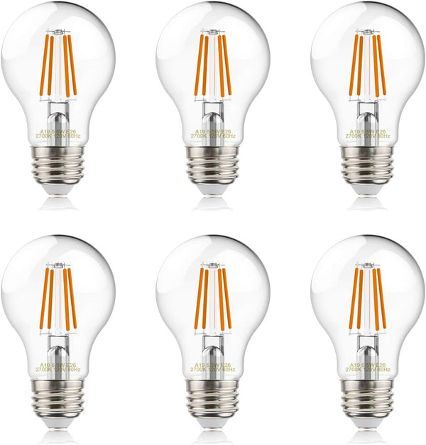 A19 LED Filament Bulbs, 60W Equivalent, E26 Base, 2700K Warm White Light, Edison Vintage Dimmable Energy Efficient