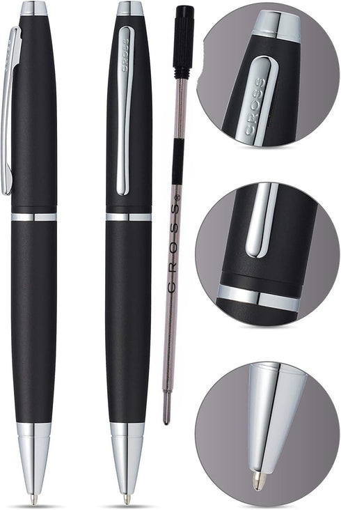Cross Calais Signature Ballpoint Pen - Satin Black Barrel with Polished Mid Band and Bonus Black Refill