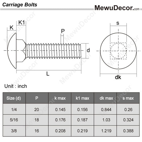1/4-20 x 1 Carriage Bolts Screws, Stainless Steel 18-8 (304), Round Head, Square Neck, Fully Threaded, 25 PCS