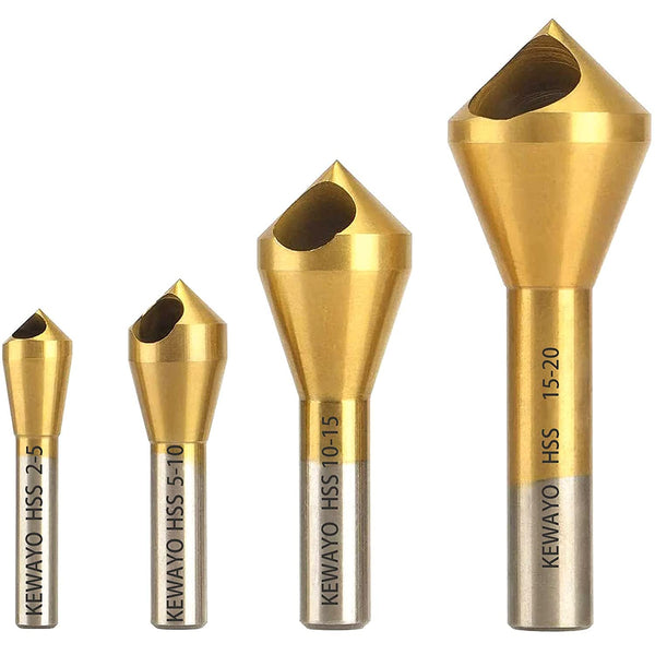 KEWAYO 4pcs Titanium Coated Countersink Chamfer Tool Set, Metal Wood Drill Bits for Deburring