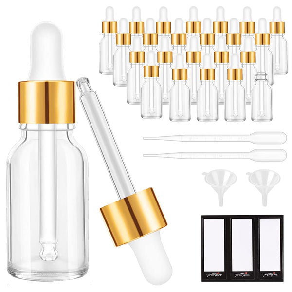 PrettyCare Eye Dropper Bottle 0.5 oz, 24 Pack Clear Glass Bottles with Golden Caps for Essential Oils