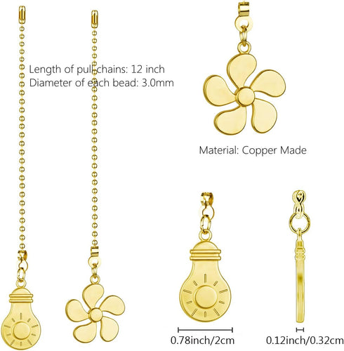4PCS 12 Inch Bulb Ceiling Fan Pull Chain Kit - Extender With and Fan Pattern Pendant, Brass Connector (Brass)