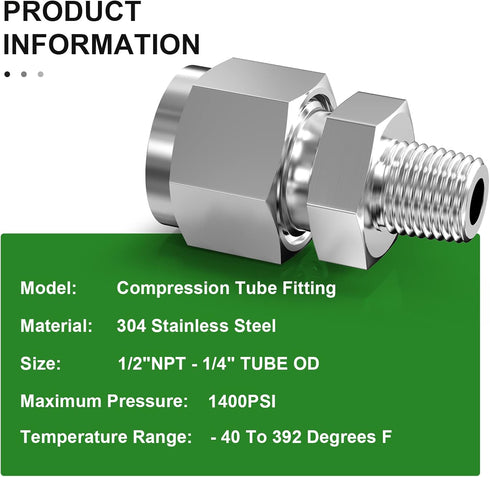 TAISHER 2PCS 304 Stainless Steel Compression Tube Pipe Fitting Connector, 1/2" Tube OD x 1/4" NPT Male