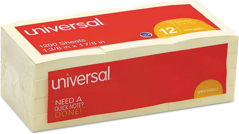 Universal 35662 Standard Self-Stick Notes, 1 3/8 x 1 7/8, Yellow, 12 100-Sheet/Pack