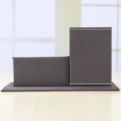 KINGFOM PU Leather Desk Organizer, Pencil Holder with Business Cards Stand, School Office Supplies Caddy - Brown