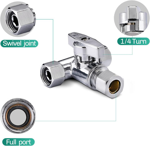 Lead-Free Brass Chrome-Plated Add-A-Tee 3-Way Angle Stop Valve, 3/8 Inch for Water Filters