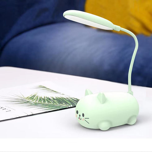 Cute Cat LED Desk Lamp for Kids, USB Rechargeable Reading Light, Portable Flexible Gooseneck Cartoon Desk Lamp (Green)