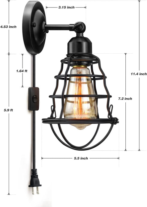 2pack, LYOOWNG Plug in Wall Sconces Industrial Wall Lamp with Plug in Cord, Farmhouse Wall Sconces, Wire Cage Wall