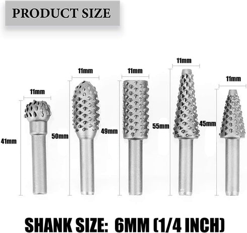 5 PCS Rotary Drill Bit Set for Woodworking - Rasp Wood Carving Bits 1/4 Shank Power Carving Bits Rotary Burr Set