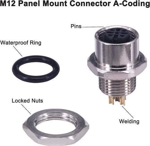 M12 4Pin A Coded Female Straight IP67 Waterproof Rear Bulkhead Panel Receptacles Cable Solder Type Field Assembly Sensor/Actuator Panel Mount Connector 12mm 5PCS