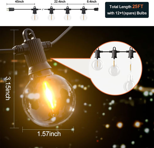 25 12+1 Bulbs IP65 Dimmable 2700K Kawaya Outdoor String Lights FT LED Patio Light with Shatterproof Edison Globe