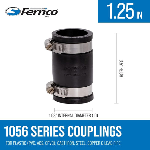 Fernco 1056-125 Flexible PVC Pipe Coupling 1-1/4-in. for Cast Iron and Plastic Plumbing, 2-Pack