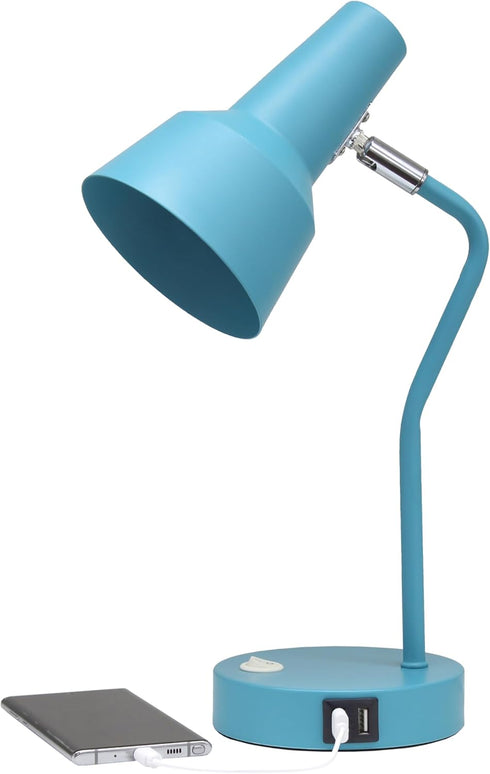 LD1072-CYN 15.2" Simple Designs Sleek Essentials Metal Cone Shade Desk Lamp with Adjustable Shade and Dual USB Ports