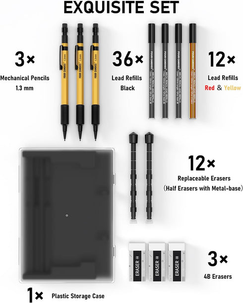 Four Candies 3PCS 1.3mm Mechanical Pencil Set with Case, Metal Heavy Duty Carpenter Pencils with 48 Refill