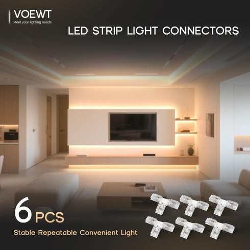6 Pack 2-Pin 8mm 12/24V Led Strip Light T-Shaped Corner Connectors,Unwired Clips Transparent Solderless No Dark Area