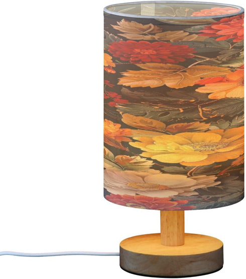YANENDIE Traditional Ethnic Flowers Bedside Table Lamp, Nightstand Lamp with Linen Fabric Shade - Wooden LED Desk Lamps