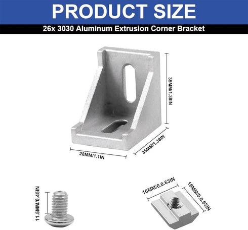 26pcs 3030 Bracket Corner Connector Aluminum Extrusion Hardware with T Nuts and Screws for 3D Printer Frame