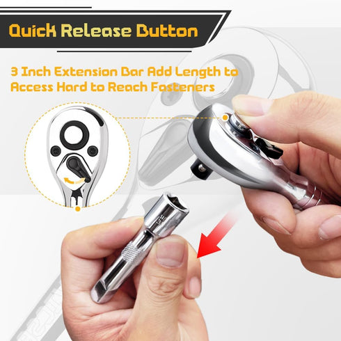 Stubby Ratchet Set, 3/8" Drive Ratchet Handle with Extension Bars, Gift for Men, 72-T Reversible Quick Release Head