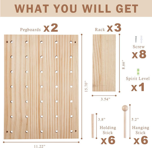 Wood Pegboard Combination Wall Organizer Kit, 2 Pieces Display Pegboard Panel Kits with 15 Accessories for Office,