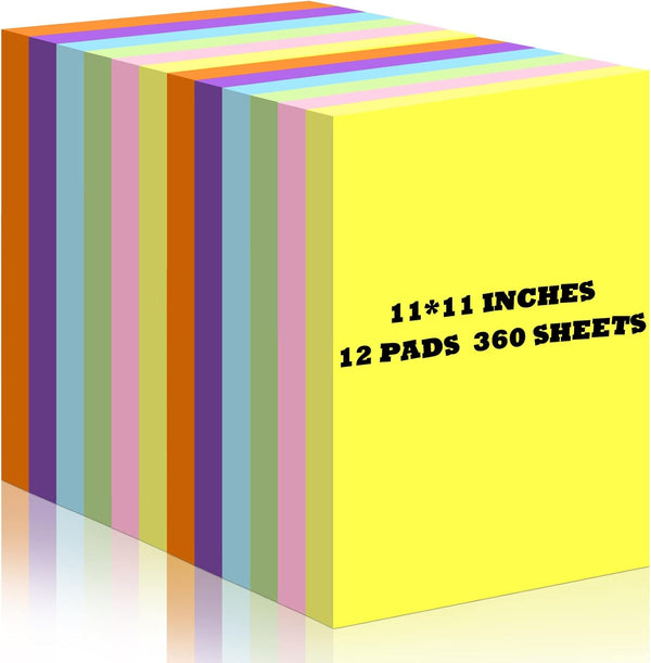 Big Sticky Notes 11 x 11 Inch Self Stick Pads, 6 Assorted Colors, 30 Sheets/Pad, 12 Pads for Office, Pink Orange Yellow