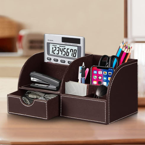 Desk Organizer, PU Leather Desktop Caddy with 6 Compartments and 1 Drawer for Office Home School Classroom
