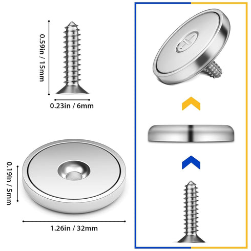 8 Pack 100 LBS Countersunk 1.26''D 0.2" VNDUEEY Neodymium Magnet Cup, Rare Earth Magnets with Hole Industrial Strength