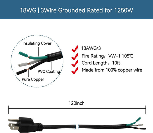 10FT Power Cable Replacement, Cable 110V 115V 120V 300V Pigtail for Appliance, NEMA 5-15P Plug US SJT 18AWG (18/3)