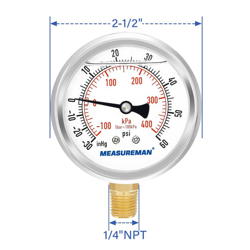 MEASUREMAN 2-1/2" Dial Glycerin Filled Pressure Gauge, 30inHG-60psi, 304 Stainless Steel Case