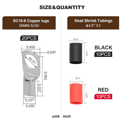 Thick Marine Grade Copper Electric Wire Lugs,20Pcs Tinned Copper Gauge 8Awg-5/16"(M8) Ring Heavy Duty Battery Cable Lugs Ends Ring Terminals Connectors with 20Pcs 3:1 Heat Shrink Tubing Kit