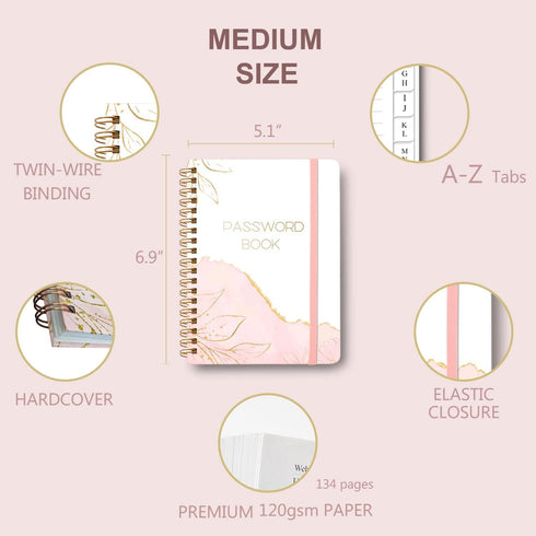 Password Book with Alphabetical Tabs - Spiral Notebook for Internet & Computer Login, Recording Usernames, Passwords,