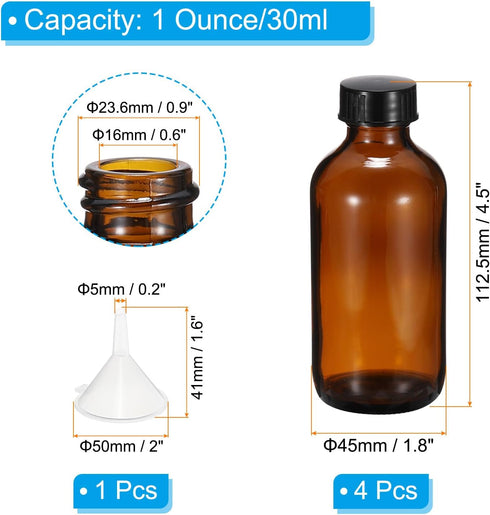 PATIKIL 4oz(120ml) Glass Sample Bottles with Black Poly Cone Cap, 4Pcs Round Bottle Dispensing Bottles with Funnel and Dropper for Reagent Liquids, Essential Oils, Perfume, Amber by PATIKIL