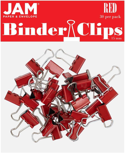 JAM PAPER Colorful Extra Small Binder Clips, 3/5 Inch (15 mm), Red, 30/Pack