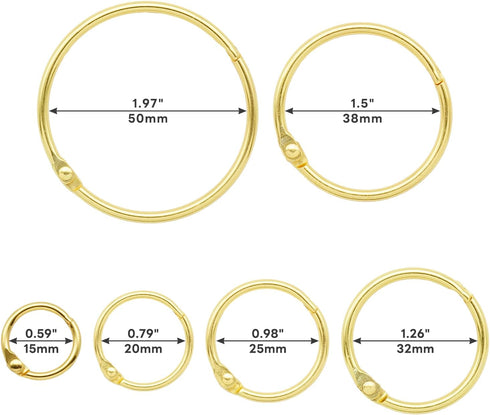 Semrien 120 (1/2", 3/4", 1", 1-1/4", 1-1/2", 2"), Pcs Binder Rings Assorted Sizes Loose Leaf Binder Book Rings, Metal