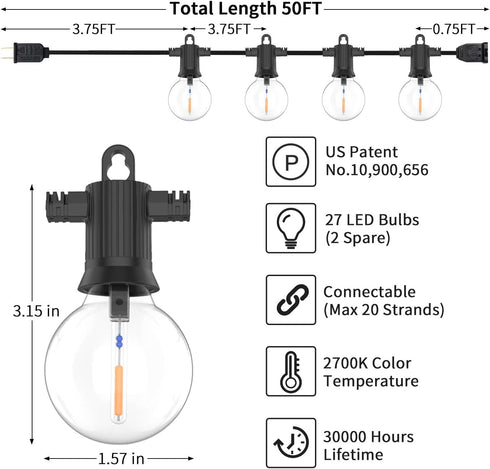 ZOTOYI Outdoor String Lights 50FT, LED Patio Lights with 27 Plastic G40 Bulbs, Waterproof Edison Globe Lights