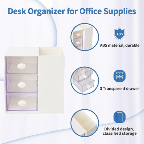 LETURE Small Desk Organizer with Drawer, Office School Business Storage Box for Card/Pen/Pencil/Marker/Stationery, Plastic Cosmetic Makeup Organizer (White) by LETURE