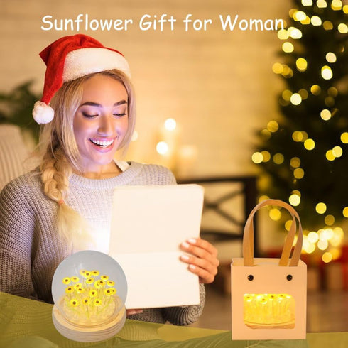 Sewinde Unique Sunflower Mothers Day Gifts for Mom, Sunflowers Night Light Small Glass Flower Lamp with Wooden Base