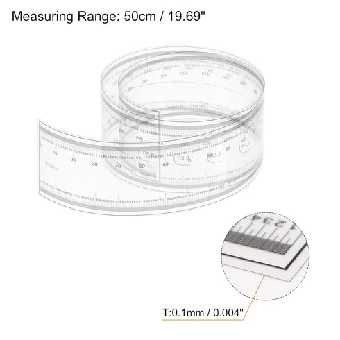 Film Flexible Ruler 50cm 0.1mm Scale with R Angle & Width Lines PET Plastic Folding Straight Ruler Calibration Soft Ruler Measuring Tool for Factory, Transparent