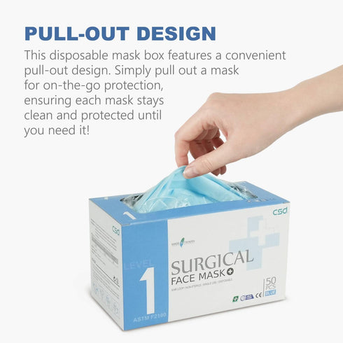 50 1 3 CSD Colo Pcs ASTM Level Disposable Face Masks, Ply Adult Mask with Elastic Ear Loop, Nose Bridge Clip