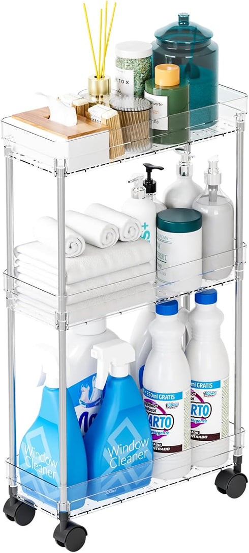 Yieach 3 Wheels,6.3W Clear Tier Slim Rolling Storage Cart with Thin Shelf,Bathroom Storage Cabinet,Skinny Laundry