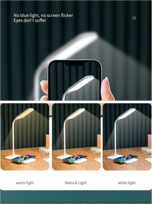 BueRallan 2PCS 3 LED Desk Lamps, Table Lamp, Night Stand Light for Home, Lighting Modes, Wireless Fast Charging, Desk