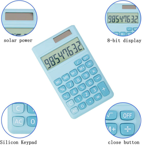Basic Standard Calculators, Small Digital Desktop Calculator with 8-Digit LCD Display, Battery Solar Power, Pocket Size