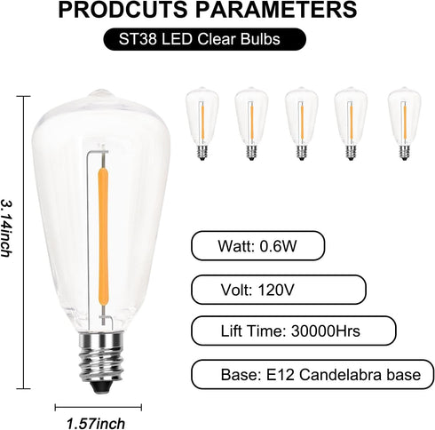 Edison LED Light Bulbs,10 Pack ST38 Clear Replacement Bulbs Fits C7 E12 Screw Base Light,Vintage 0.6W Dimmable Waterproof Bulbs for Indoor Outdoor Patio String Lights by Konictom