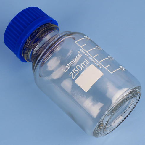 Round Media Storage Bottles with GL45 Blue Screw Cap, Borosilicate Glass Clear Wide Mouth Graduated Lab Bottle, 250 ml
