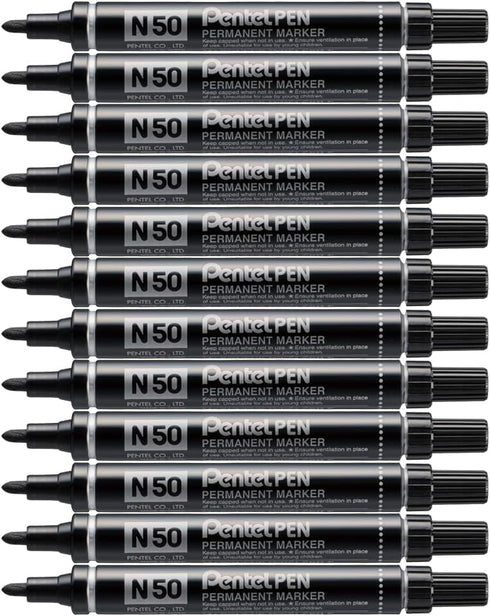 Pentel N50 Permanent Marker, Bullet Tip, 1.5-2mm Line, Black, Pack of 12