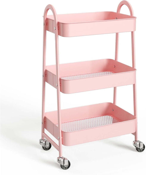 Generic 3 Tier Rolling Cart, Metal Utility Cart with Lockable Wheels - Pink