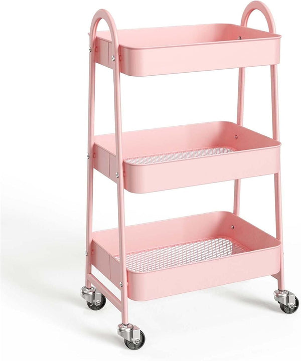Generic 3 Tier Rolling Cart, Metal Utility Cart with Lockable Wheels - Pink