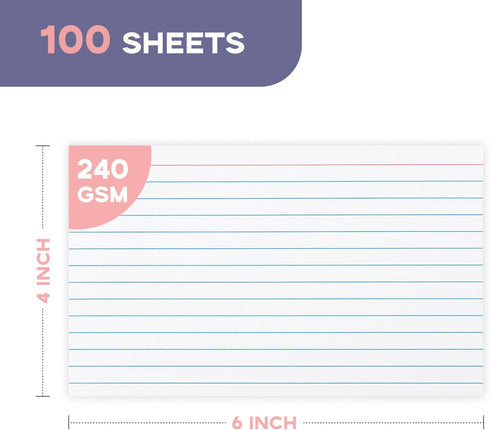 4x6 240GSM/90LB 100 Pack 4 6 Heavy Weight Index Cards Ruled - Goefun White Lined Note Cards x Flashcards for Studying