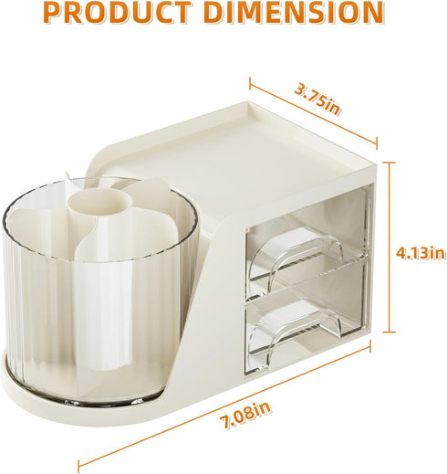 Marbrasse Desk Organizer with 2 Drawers, 360° Rotating Pen Holder, 6 Slots Pencil Organizer for Office (Beige)
