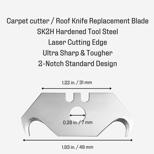 Utility Hook Razor Blades - 50-Pack with Dispenser, SK2H Laser Sharpened, Heavy Duty Replacement Blades